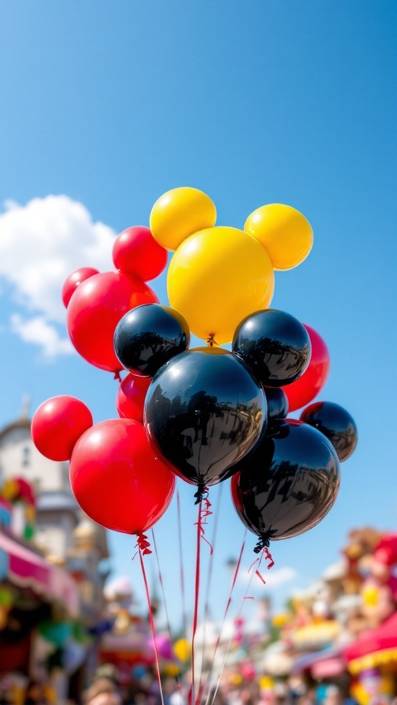 A bunch of colorful Mickey Mouse themed balloons in the sky.