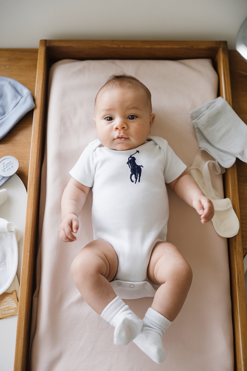 A baby wearing a Ralph Lauren bodysuit, lying on a changing table with various baby accessories.