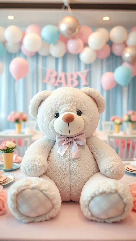A teddy bear centerpiece surrounded by pastel balloons and floral arrangements at a baby shower.