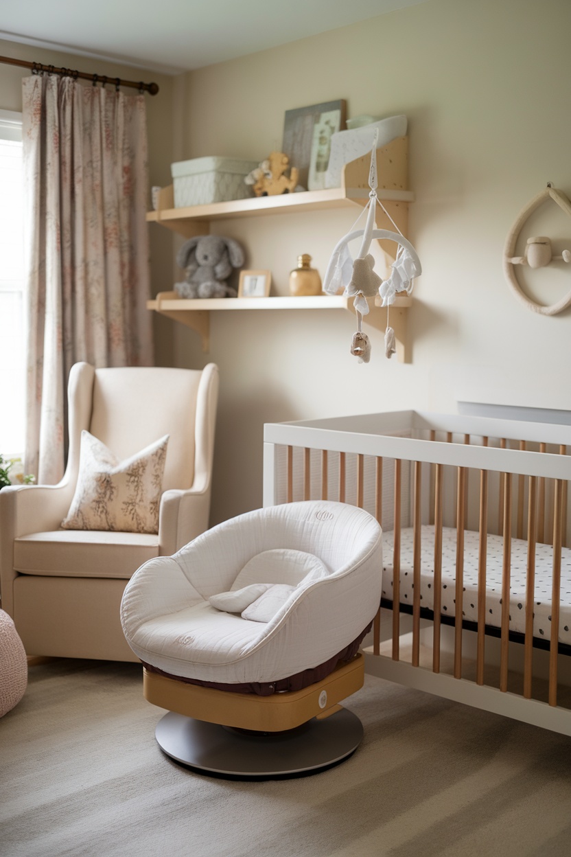 A nursery featuring the Halo Bassinest Swivel Sleeper beside a traditional crib.