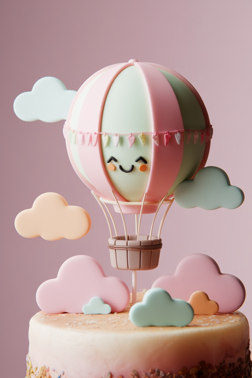 A colorful hot air balloon cake topper with a smiling face and surrounding cloud decorations.
