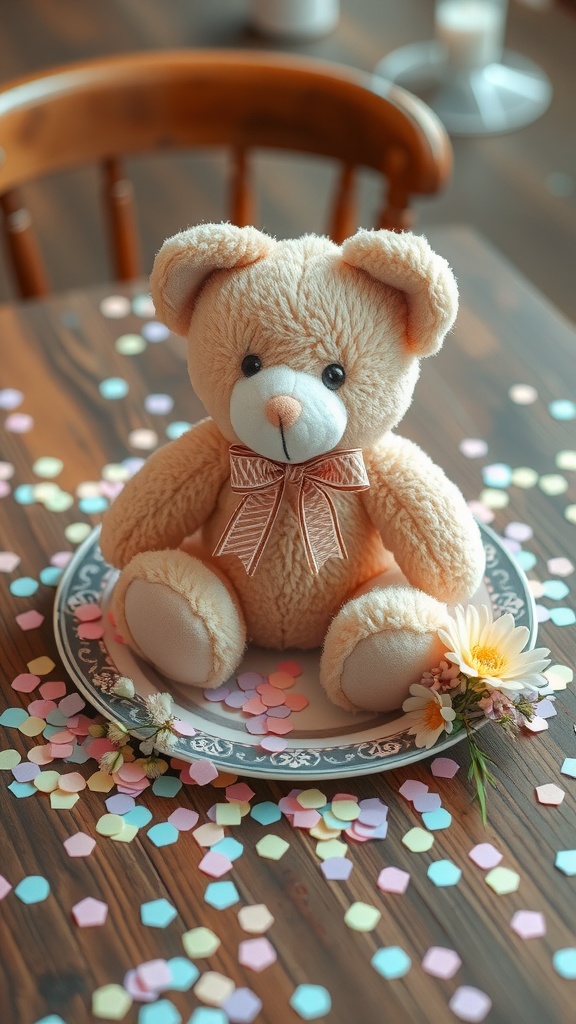 A teddy bear sitting on a decorative plate surrounded by colorful confetti and flowers.
