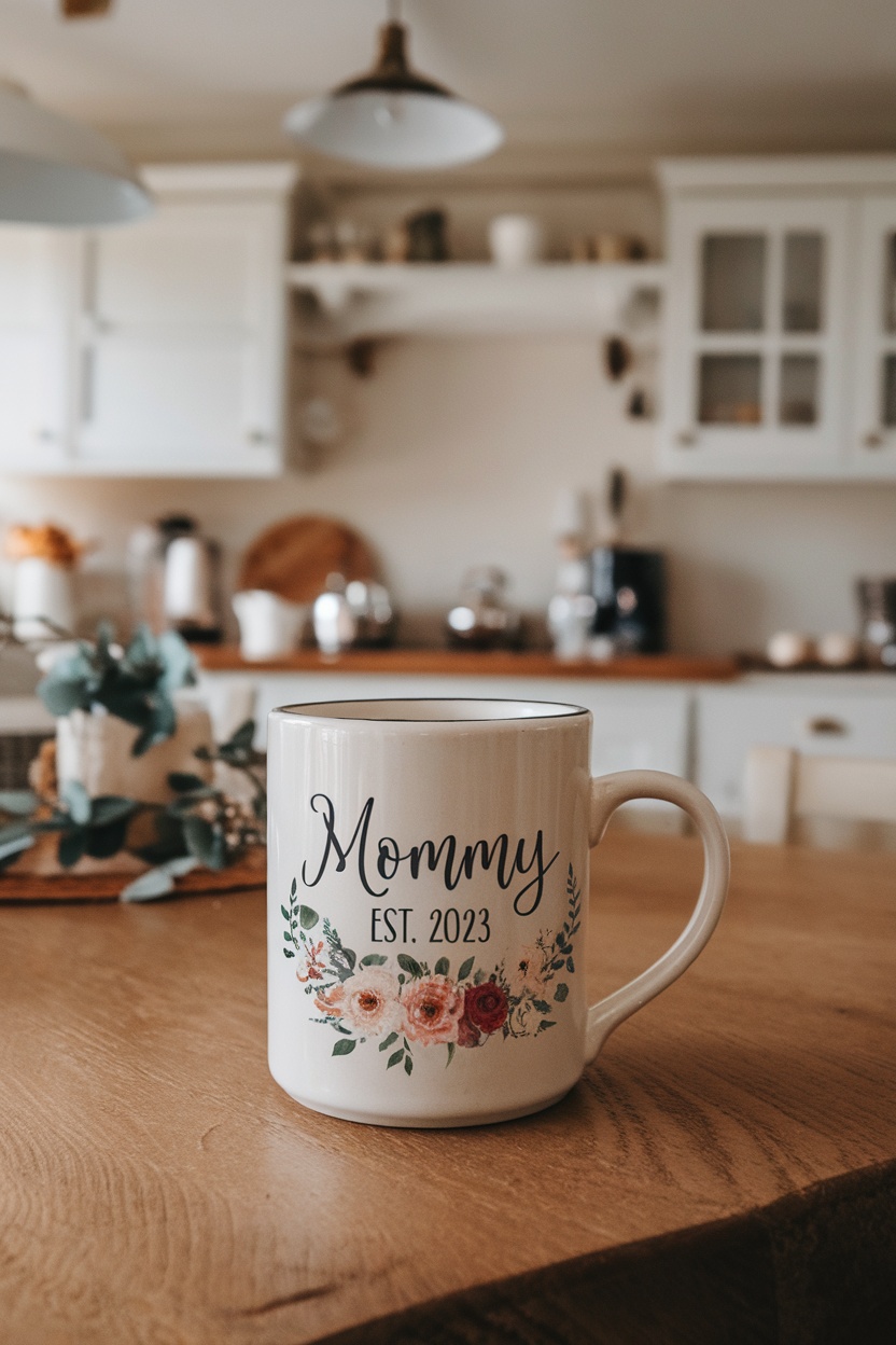 A beautiful mug with 'Mommy EST. 2023' design on a wooden table.
