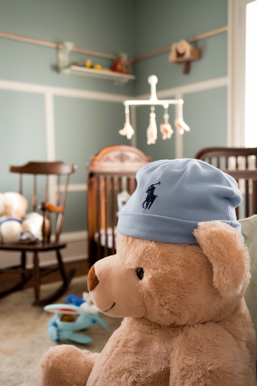 A teddy bear wearing a pastel blue Ralph Lauren baby hat in a nursery setting.
