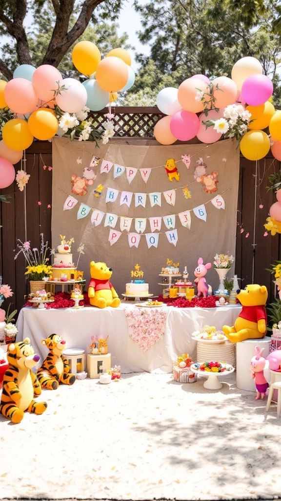 Winnie the Pooh themed baby shower decorations with balloons, plush toys, and a festive dessert table.