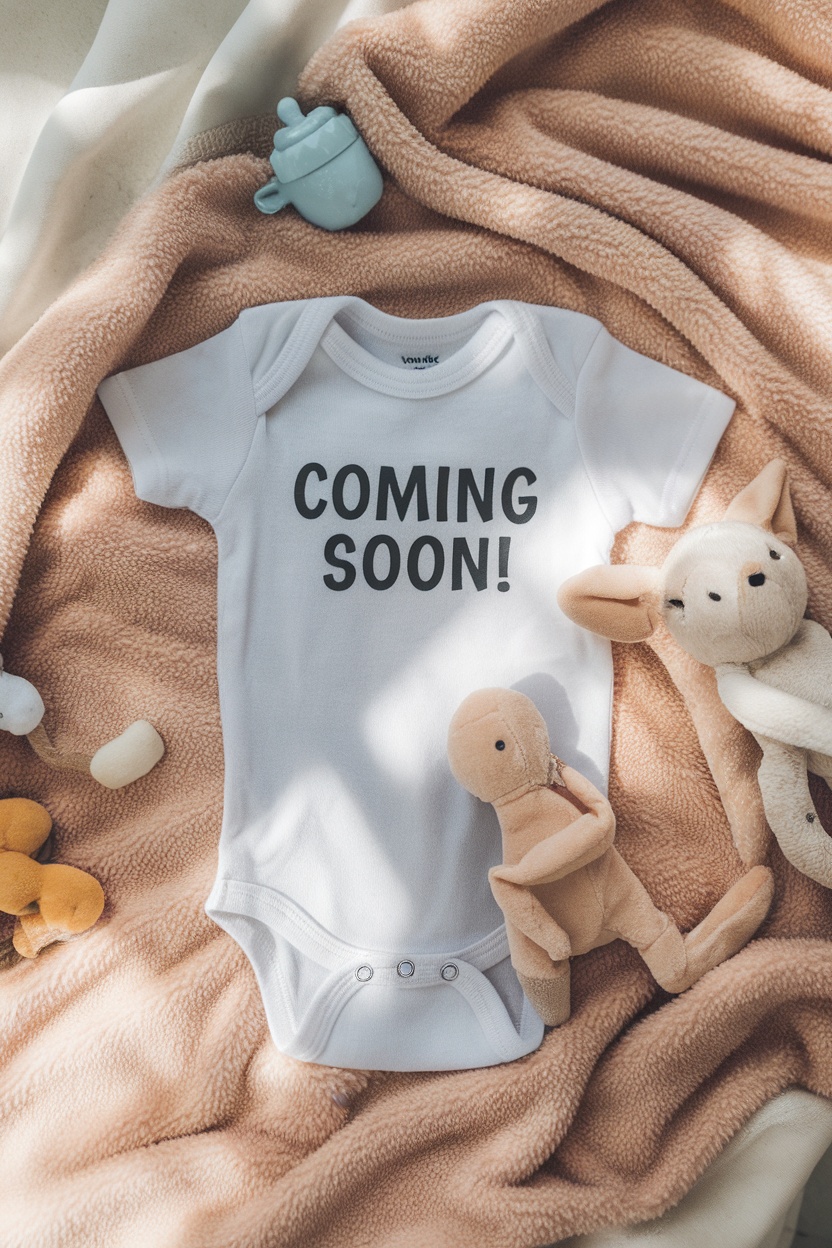 A white baby onesie with the text 'COMING SOON!' on a soft blanket surrounded by plush toys.