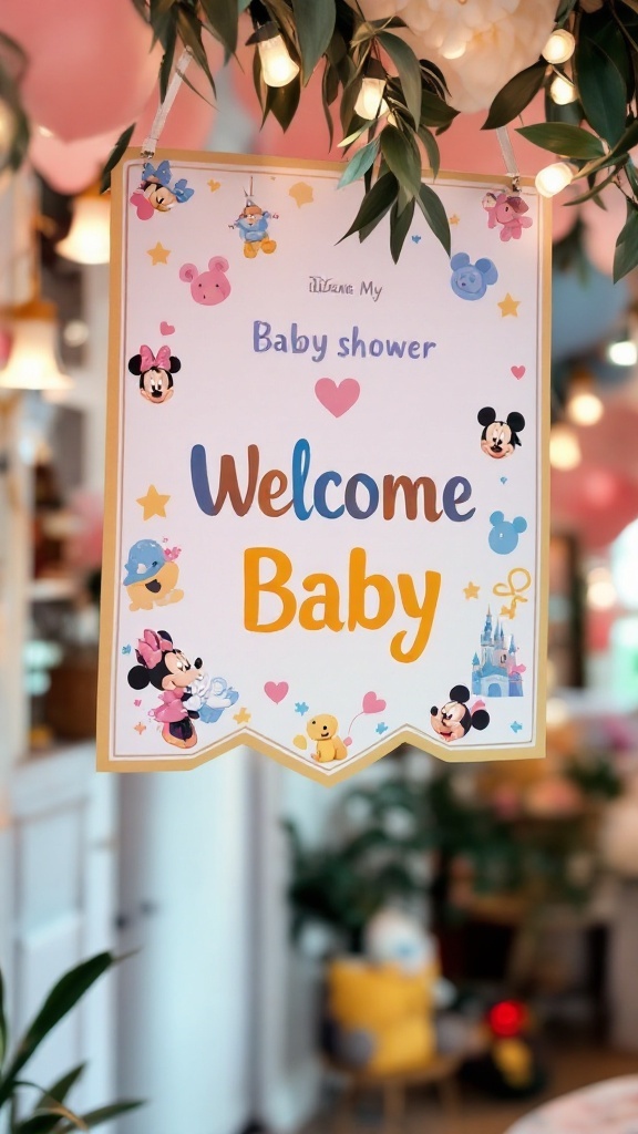 A colorful Disney baby shower banner featuring Mickey and Minnie Mouse, welcoming guests to the celebration.