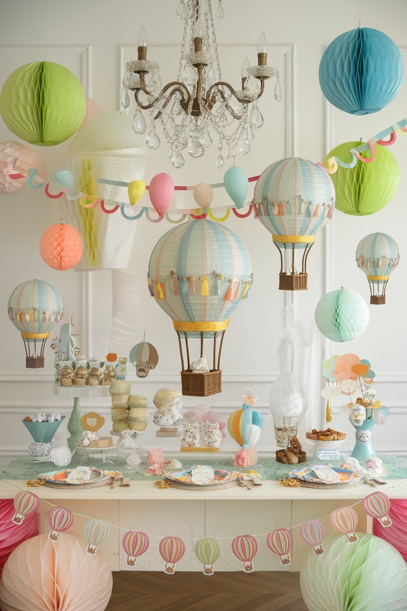Colorful hot air balloon decorations for a baby shower