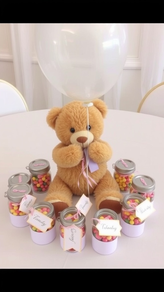 A teddy bear surrounded by colorful candy jars for a baby shower centerpiece