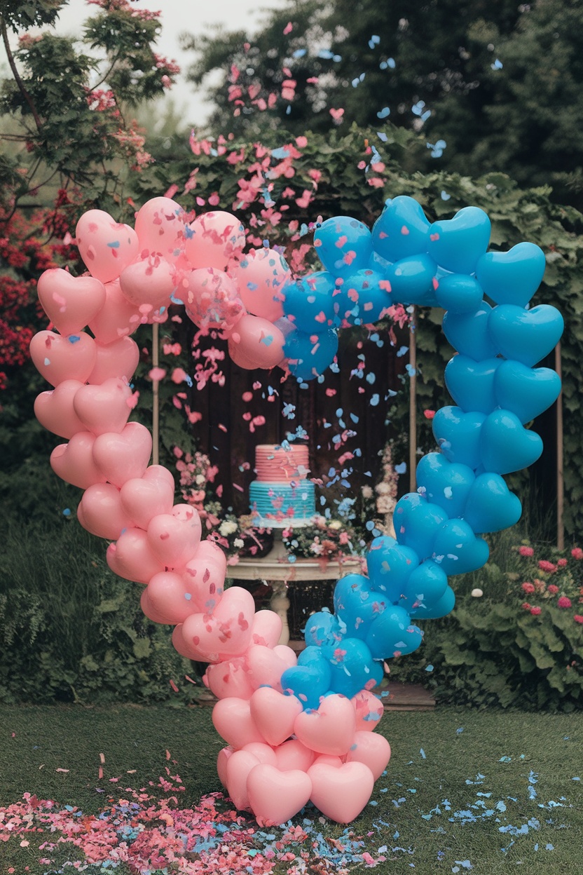 A heart-shaped balloon arch in pink and blue, surrounded by confetti and a gender reveal cake.