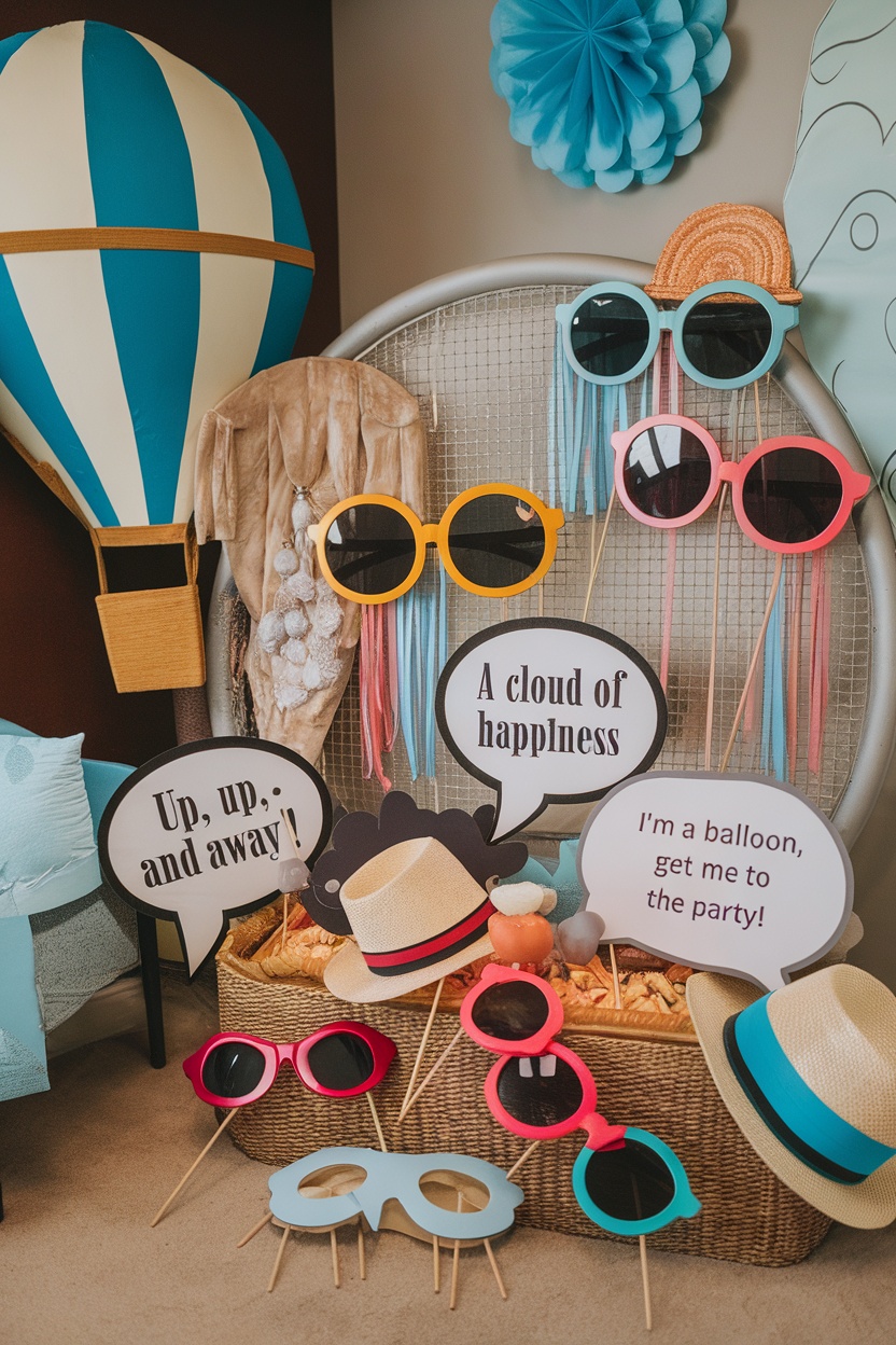 Hot air balloon photo booth props including oversized sunglasses, hats, and fun speech bubbles.