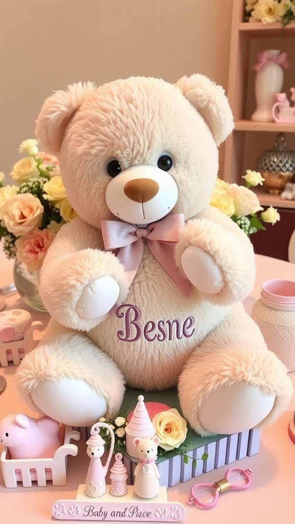 Personalized teddy bear centerpiece with soft pastels and decorative elements