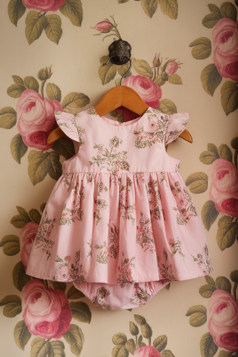 A pink floral baby dress hanging on a hook against a floral wallpaper background.