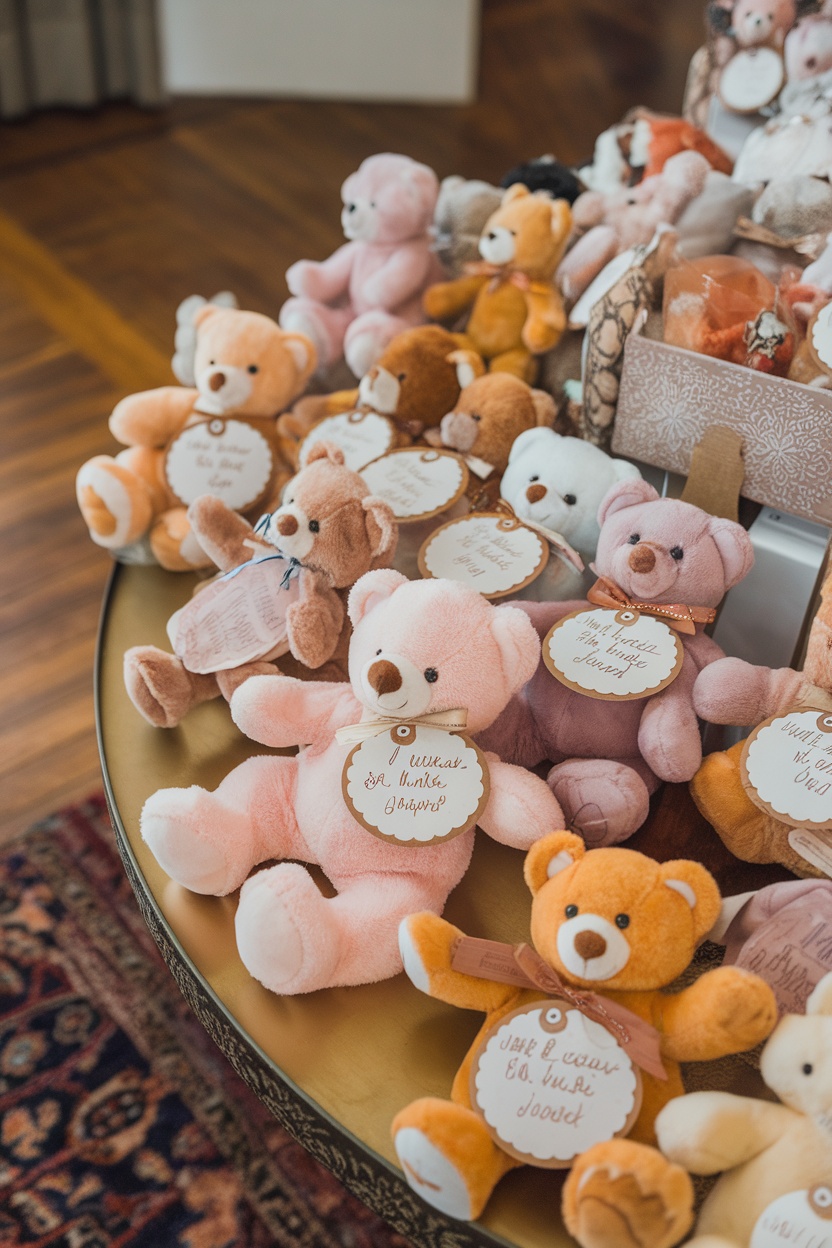 A display of colorful teddy bear plushies with personalized tags