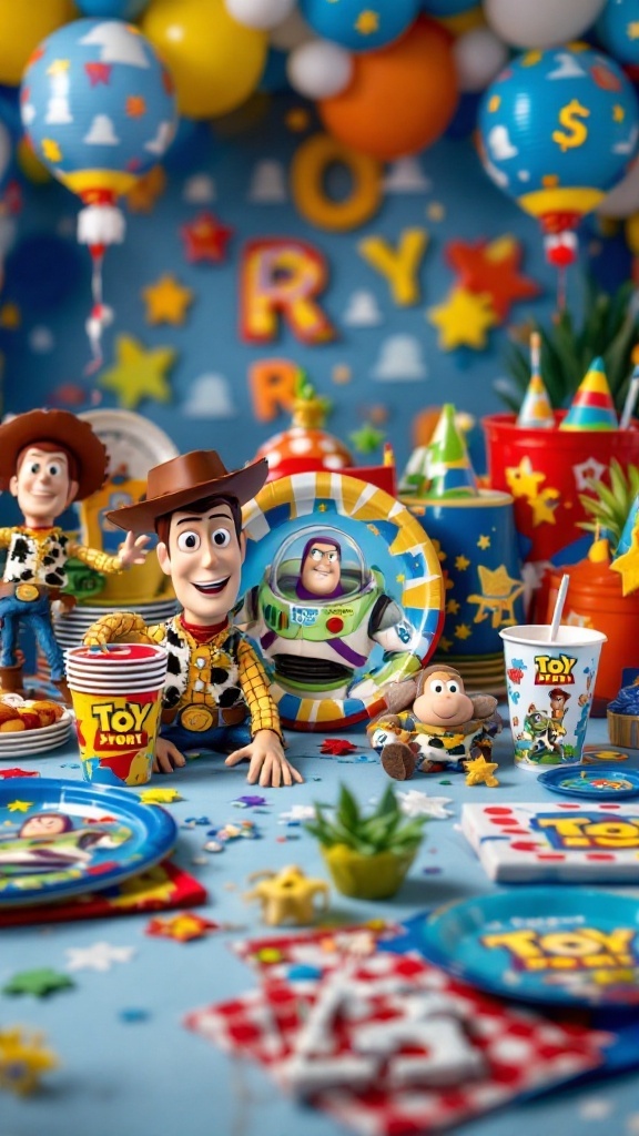Toy Story themed baby shower decorations with plates, cups, and character figures.