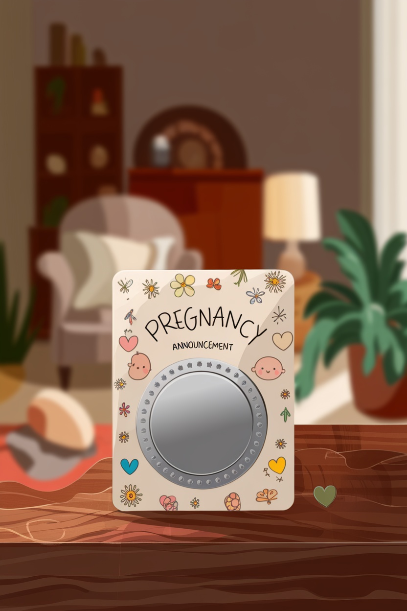 A colorful pregnancy announcement scratch-off card with cute designs.