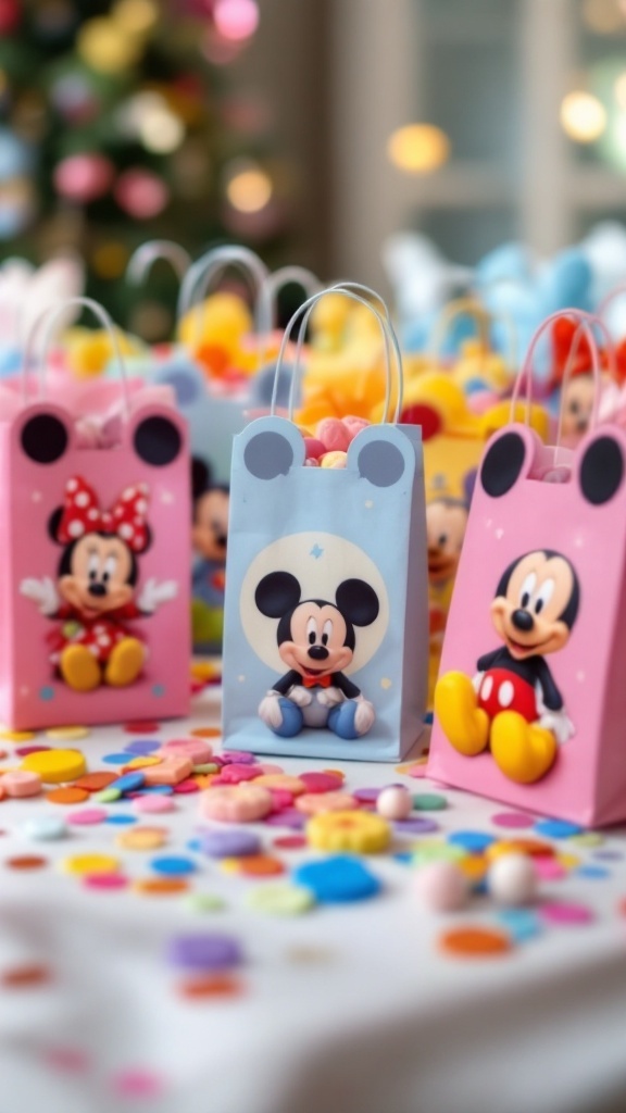 Colorful Disney-themed favor bags for a baby shower.