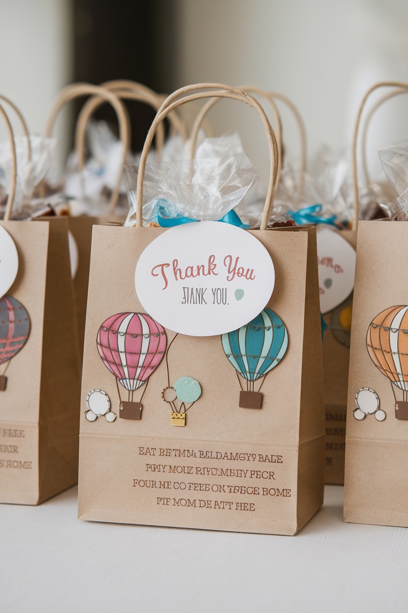 Hot air balloon themed favor bags for a baby shower, featuring colorful designs and 'Thank You' tags.