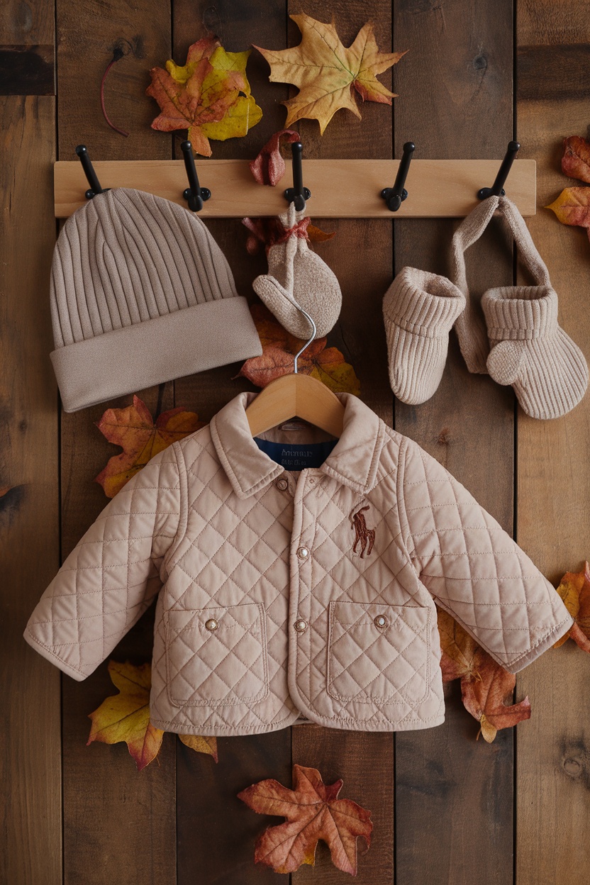 A Ralph Lauren Baby Quilted Jacket displayed with a hat and mittens on a wooden backdrop with autumn leaves.