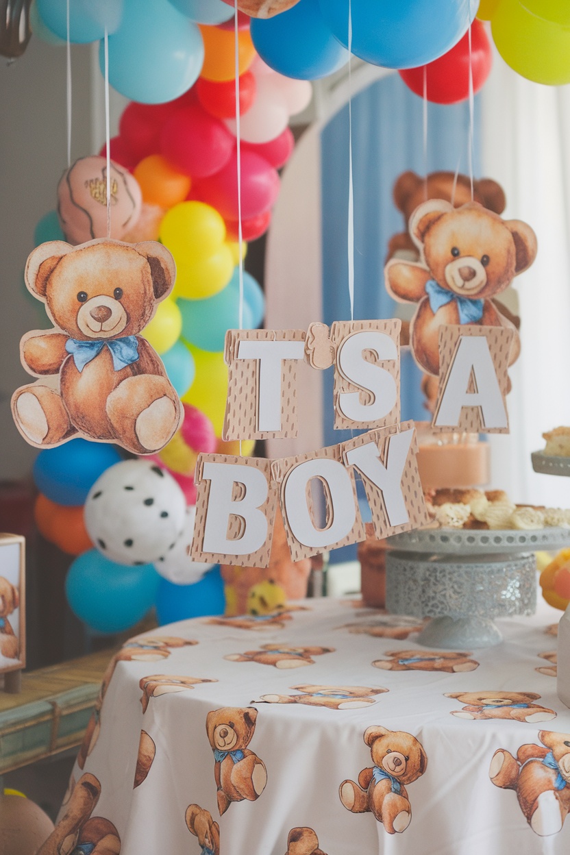 Colorful teddy bear baby shower decorations with balloons and a table showcasing a teddy bear theme.