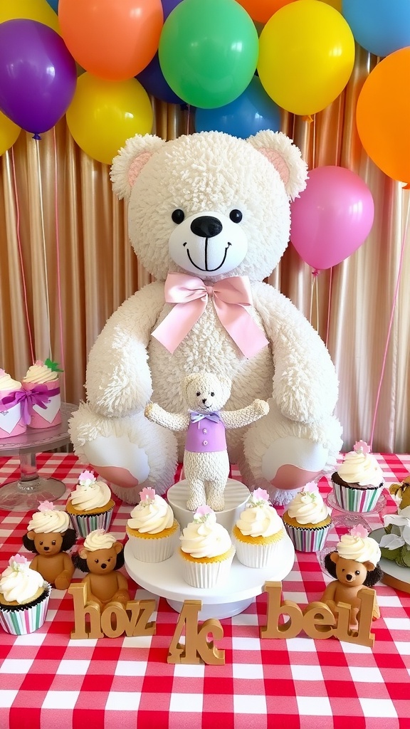 A teddy bear baby shower table centerpiece with a large teddy bear, cupcakes, and colorful balloons.