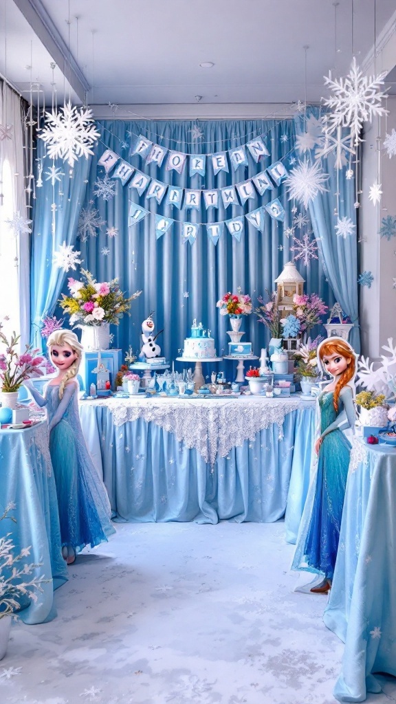 A beautifully decorated Frozen II themed party with blue decorations, snowflakes, and character cutouts.