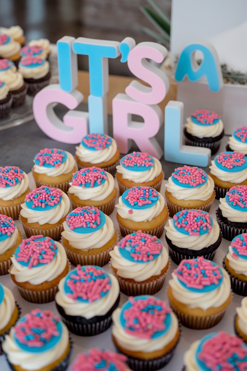 Colorful gender reveal cupcakes with blue and pink sprinkles and a sign that says 'It's a girl'.