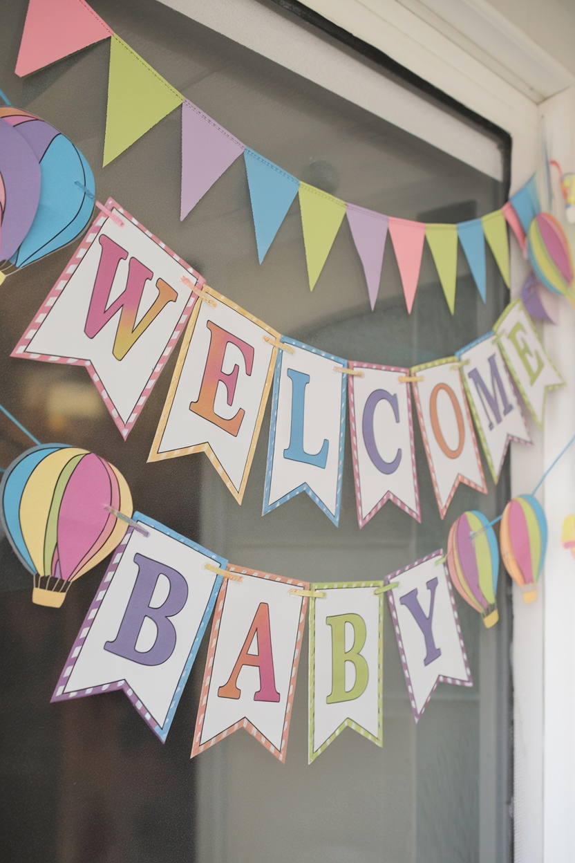 Colorful hot air balloon themed banner that says 'WELCOME BABY'