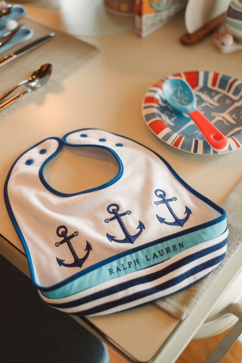 A stylish Ralph Lauren baby bib with an anchor design on a table setting.