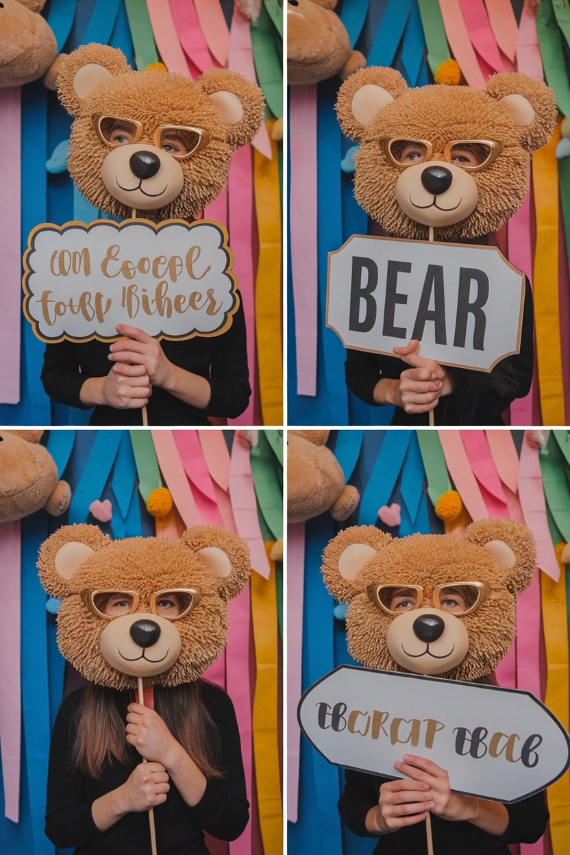 A collage of photo booth props for a teddy bear baby shower, featuring bear headpieces and fun signs.