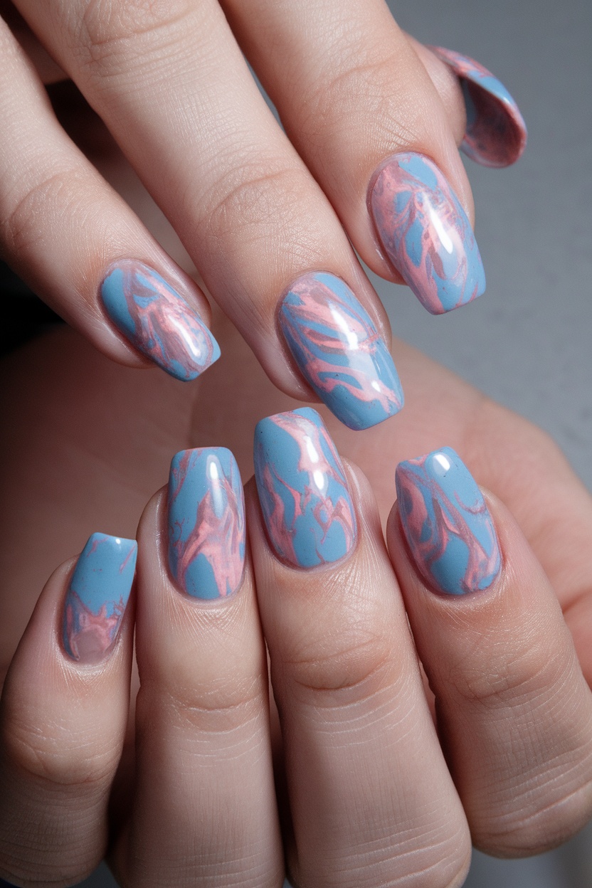 Close-up of blue and pink marble nail design with a glossy finish.