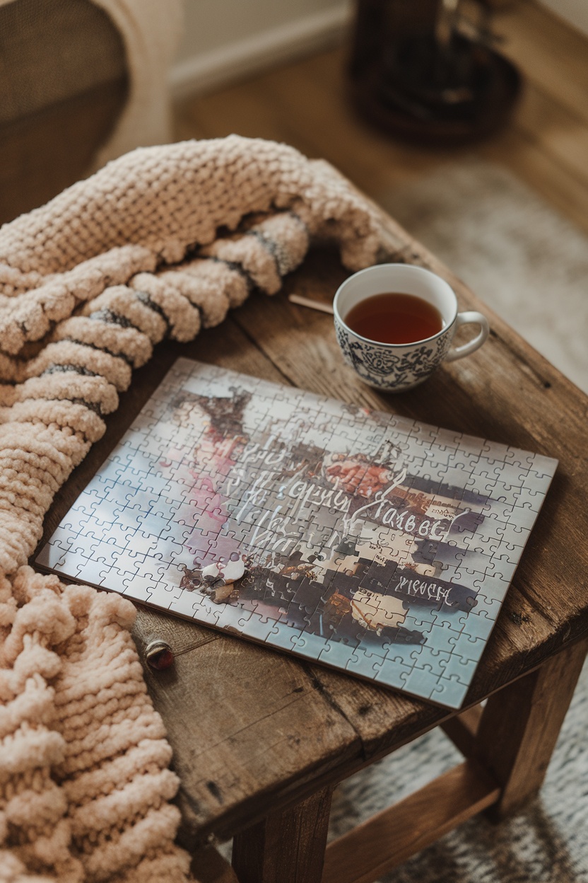 A custom pregnancy announcement puzzle on a wooden table with a cozy blanket and a cup of tea.