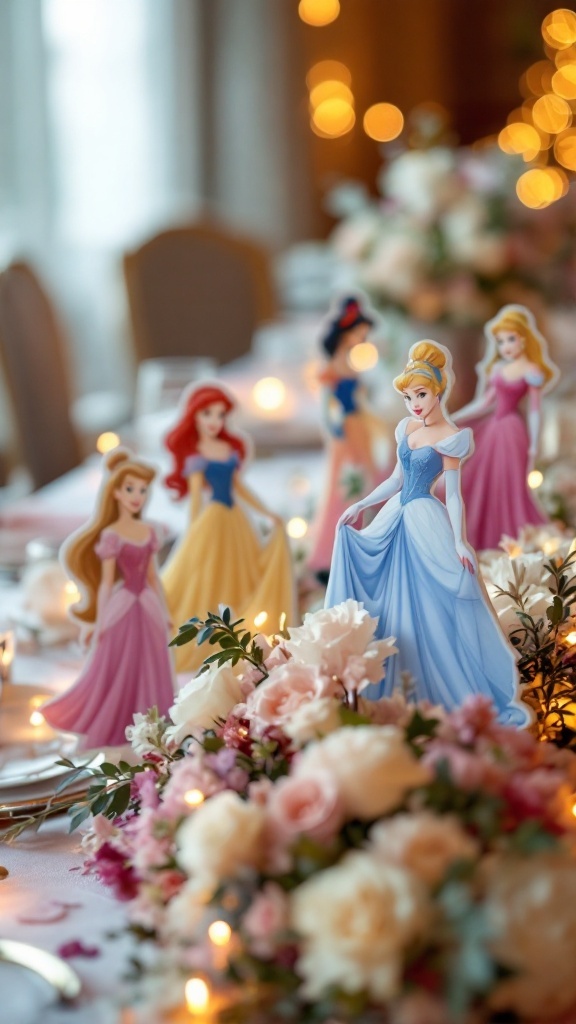 Disney princess centerpieces featuring Cinderella, Ariel, and Aurora among floral arrangements.