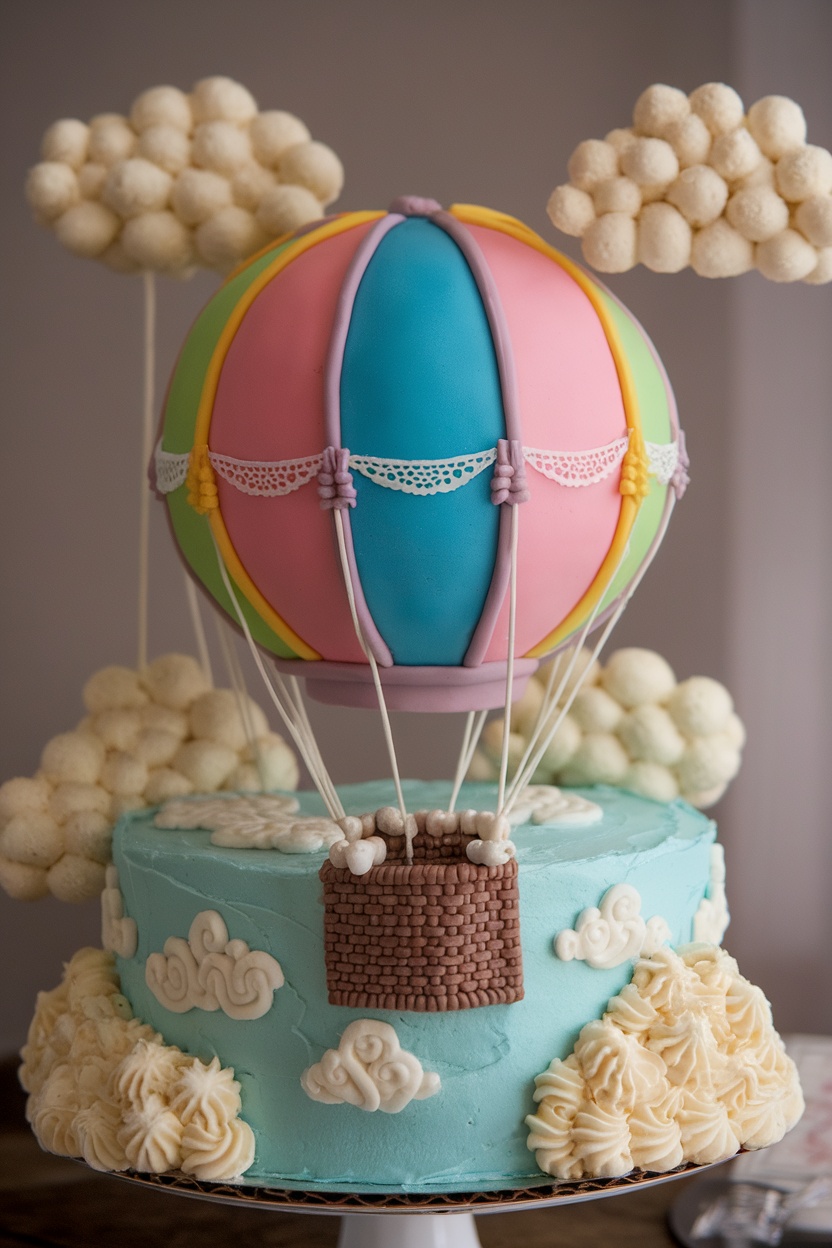 A colorful hot air balloon cake with a fondant balloon on top and blue frosting.