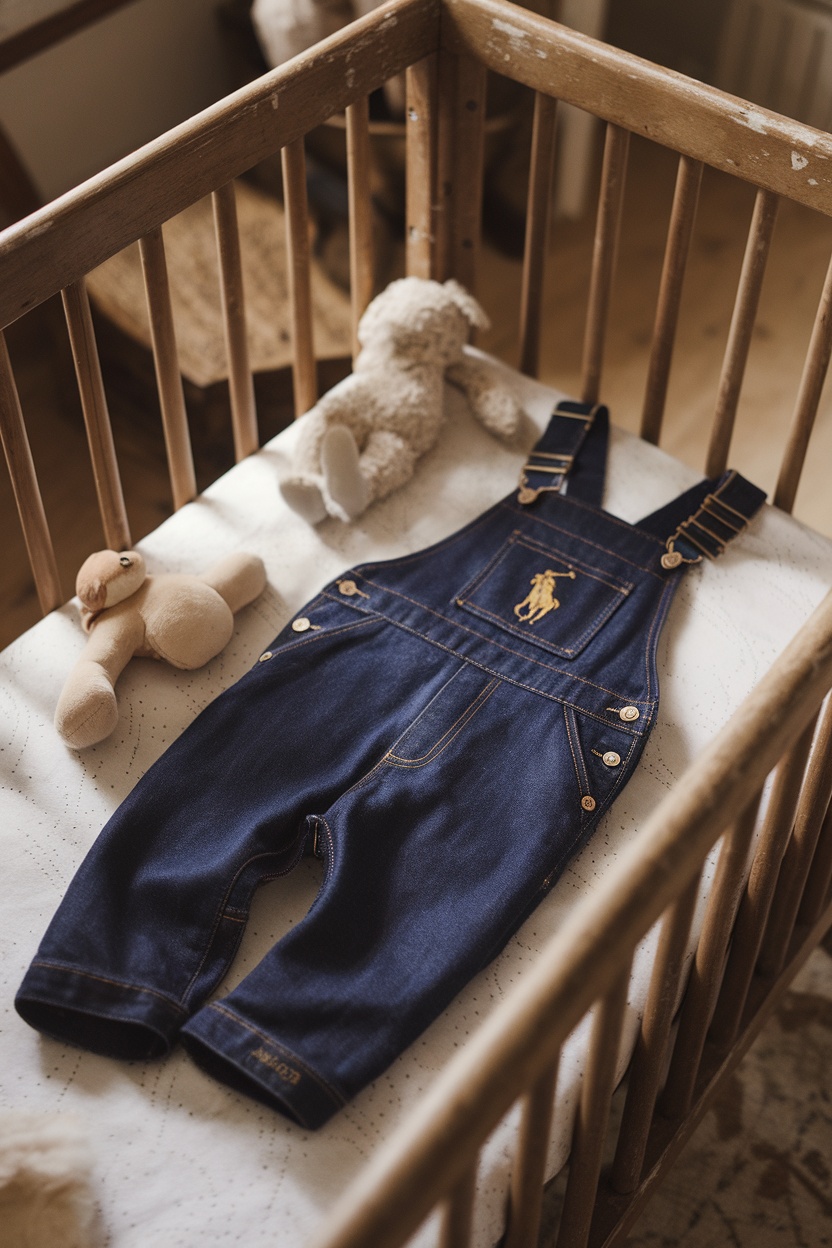 A navy blue Ralph Lauren baby overall placed in a crib with teddy bears.