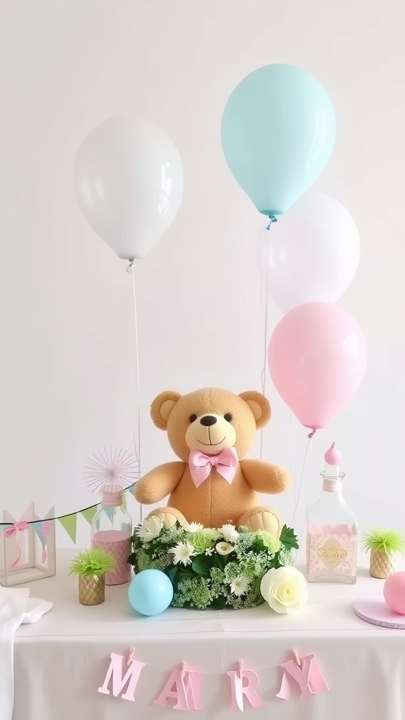 A teddy bear baby shower centerpiece with balloons and flowers