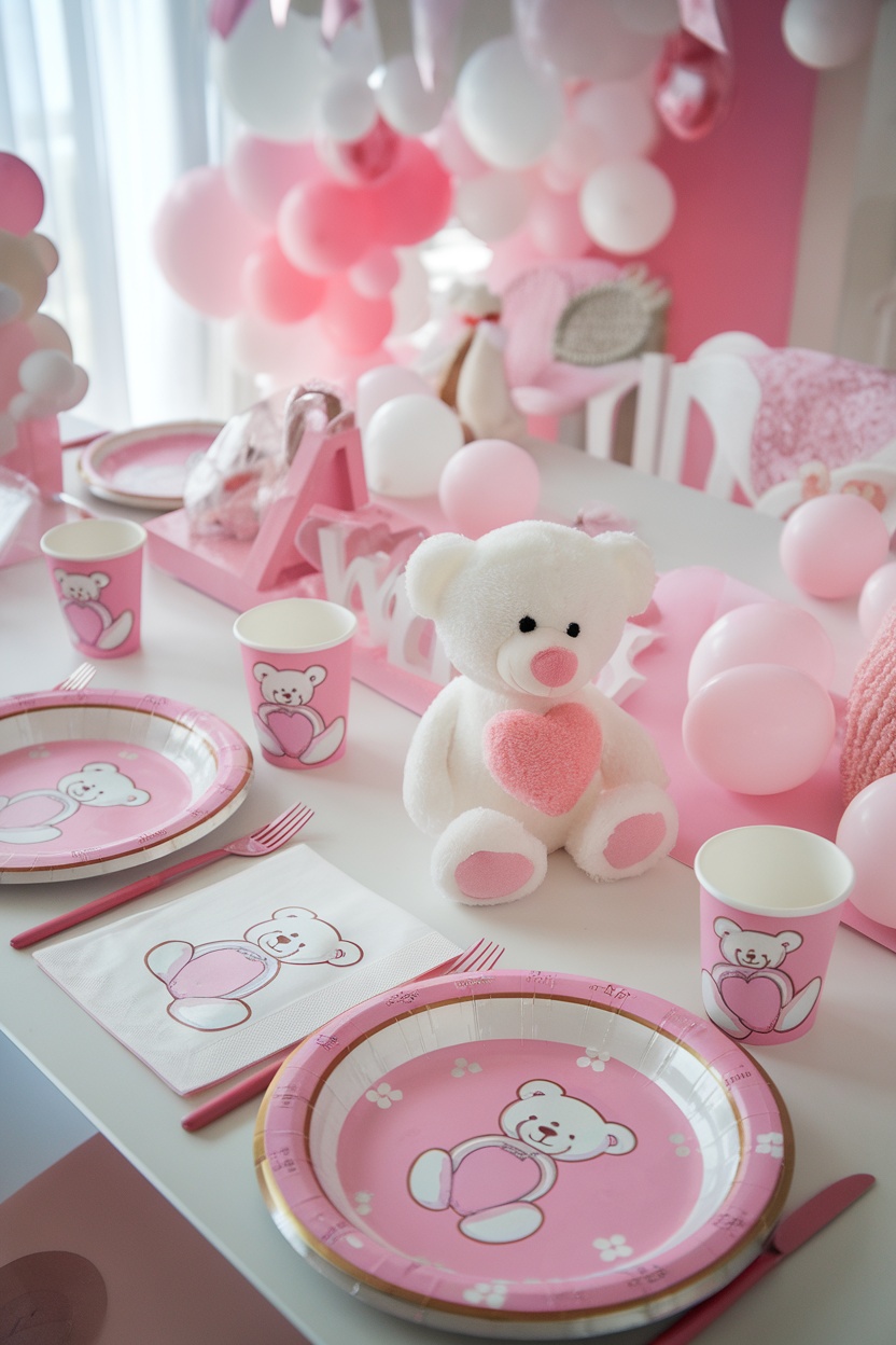 Teddy bear baby shower tableware setup with pink plates, cups, and a plush teddy bear.