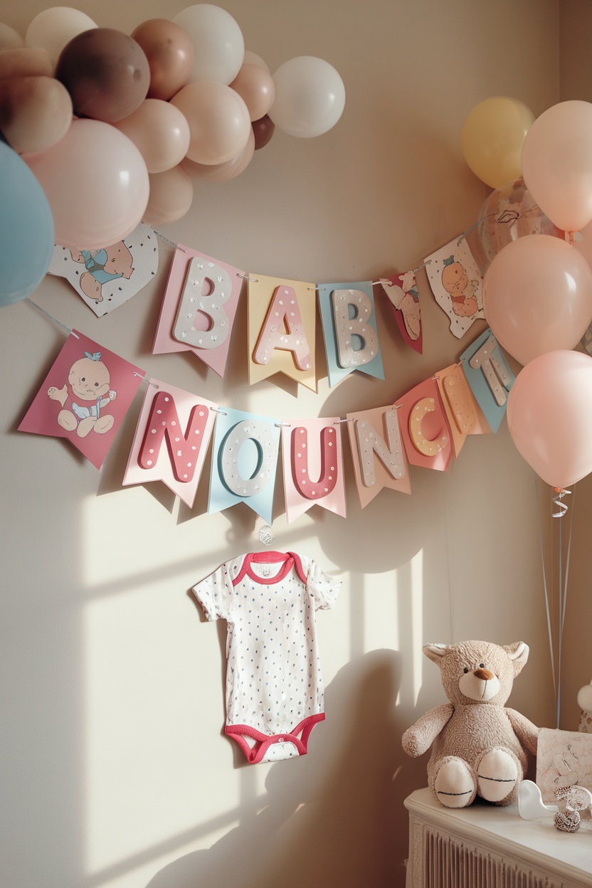 A colorful baby announcement banner with balloons and a baby onesie.
