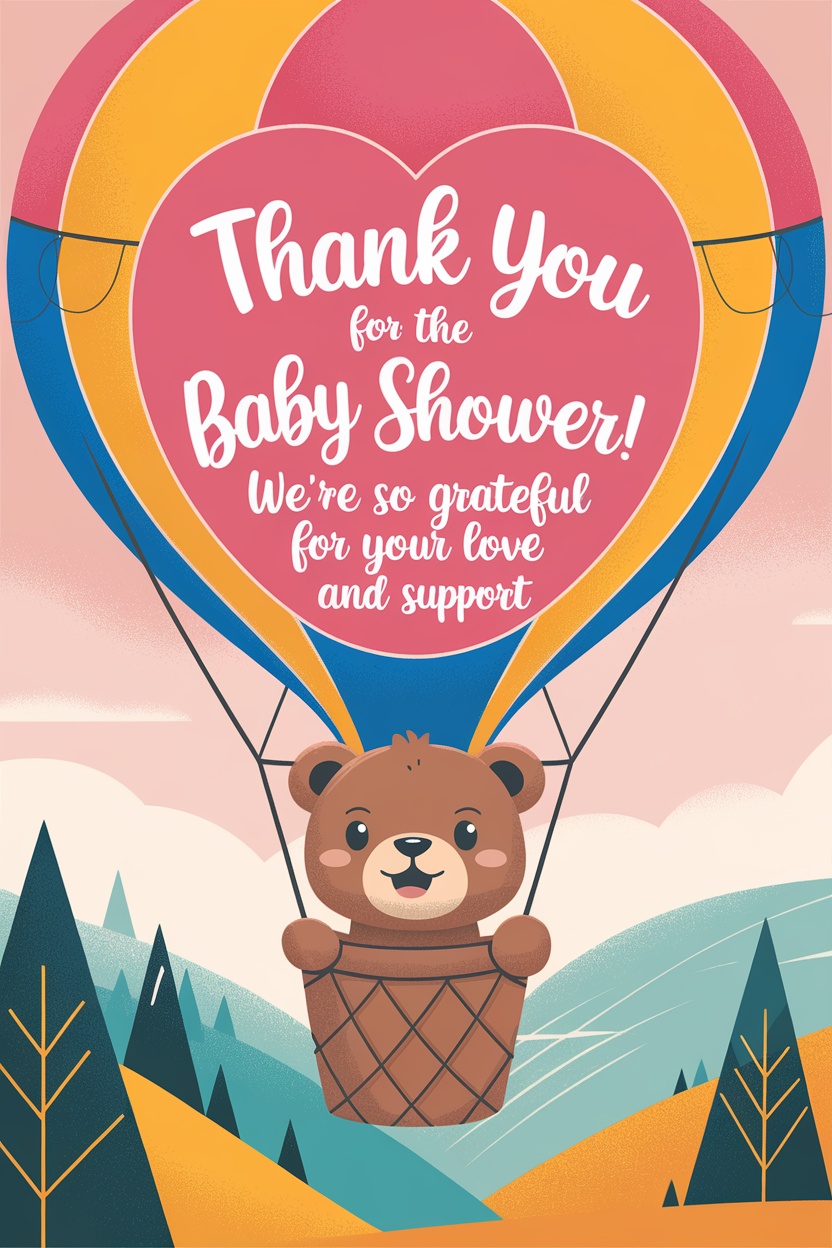 Illustration of a hot air balloon with a bear, featuring a thank you message for a baby shower.
