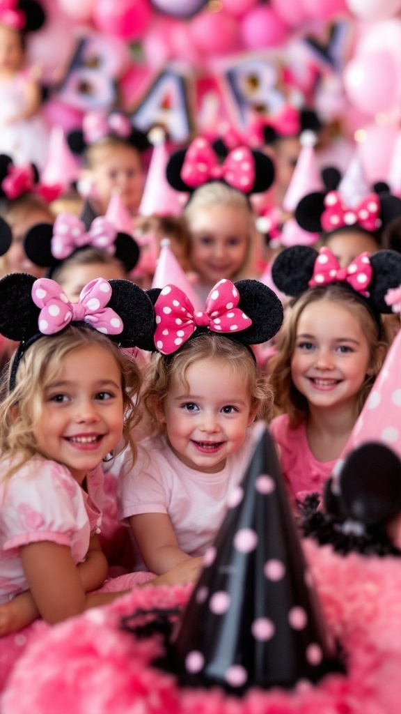 A group of children wearing Minnie Mouse party hats, smiling at a baby shower