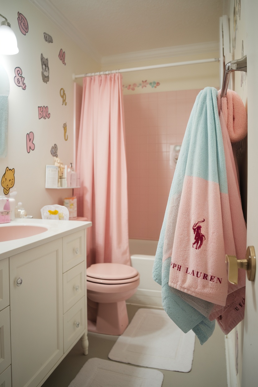 A pink and blue Ralph Lauren baby towel hanging in a pastel-themed bathroom.