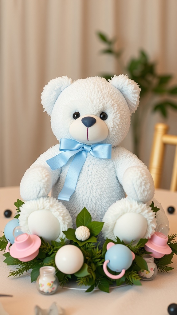 A soft teddy bear centerpiece surrounded by greenery and baby-themed decorations.