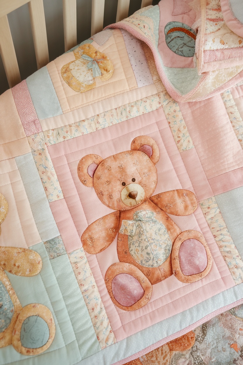 Teddy bear baby shower quilt featuring a cute teddy bear with pastel colors and floral patterns.