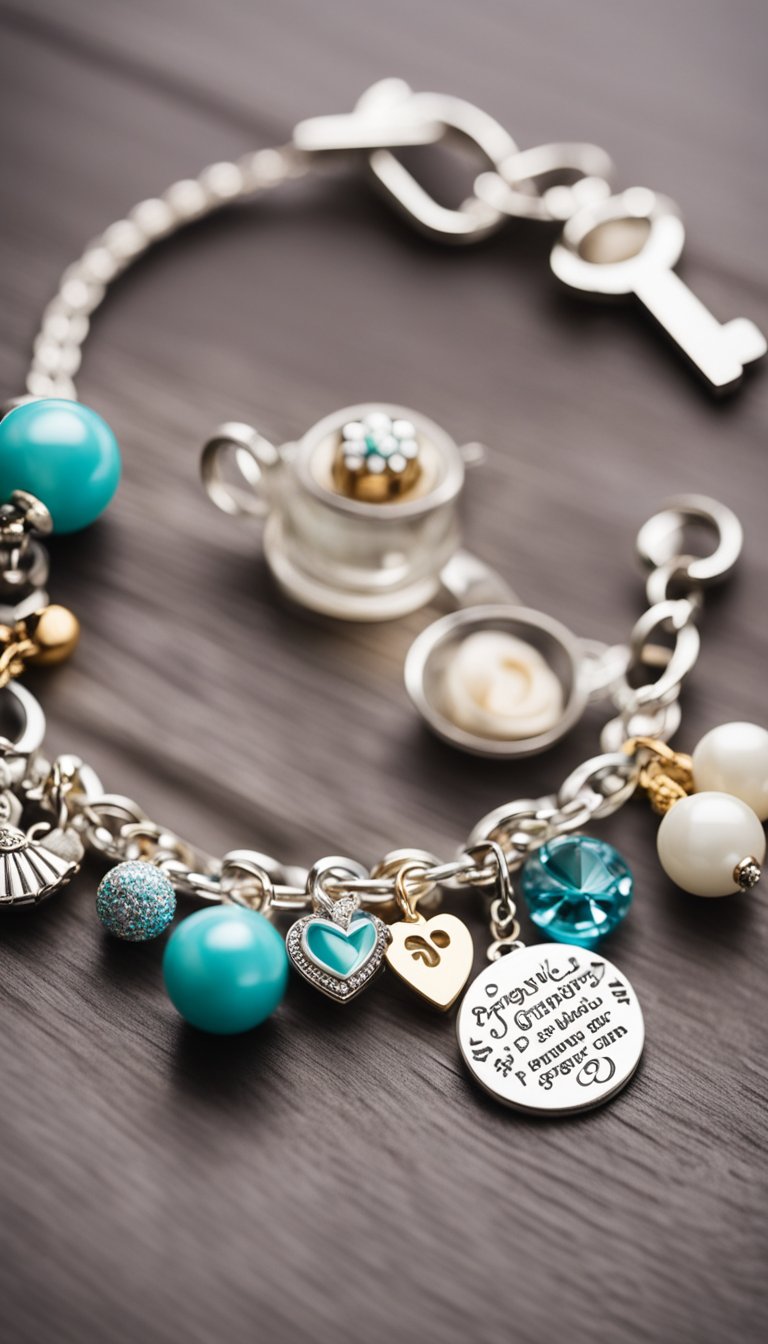 A charm bracelet adorned with baby-themed charms surrounded by multiple pregnancy announcements for grandparents