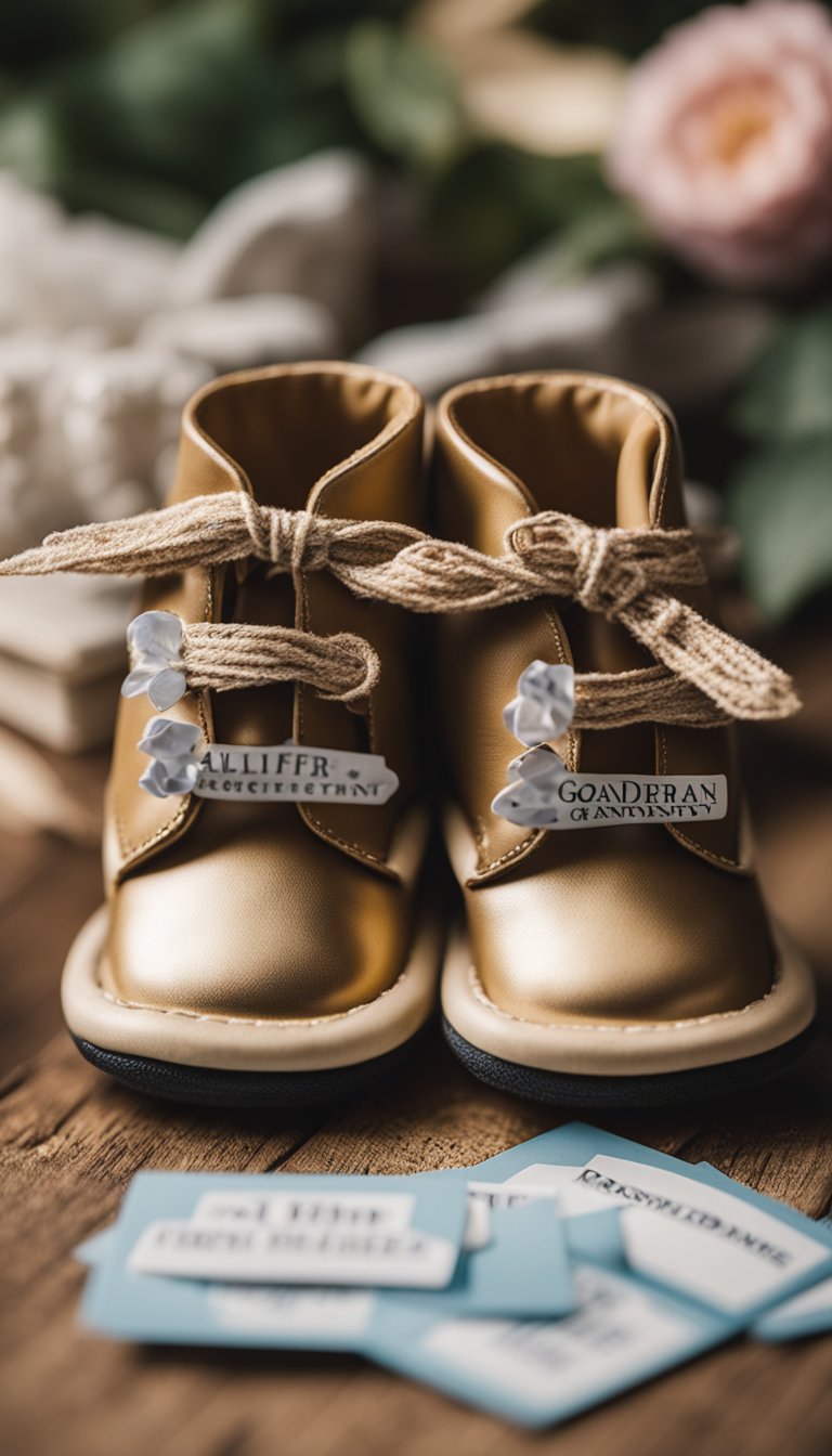 A pair of tiny booties surrounded by 10 different pregnancy announcement cards, all featuring joyful and excited grandparents