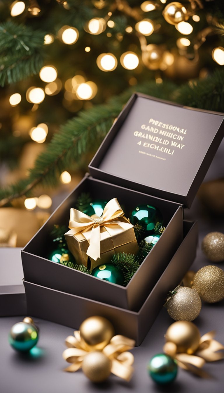 A festive gift box filled with personalized ornaments, each announcing a new grandchild on the way