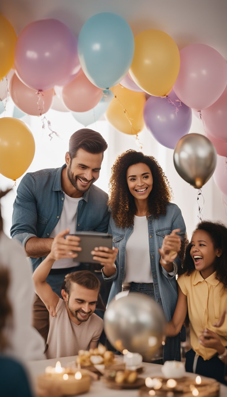 A joyful couple holding ultrasound images surrounded by excited family members and friends, with balloons and decorations in the background