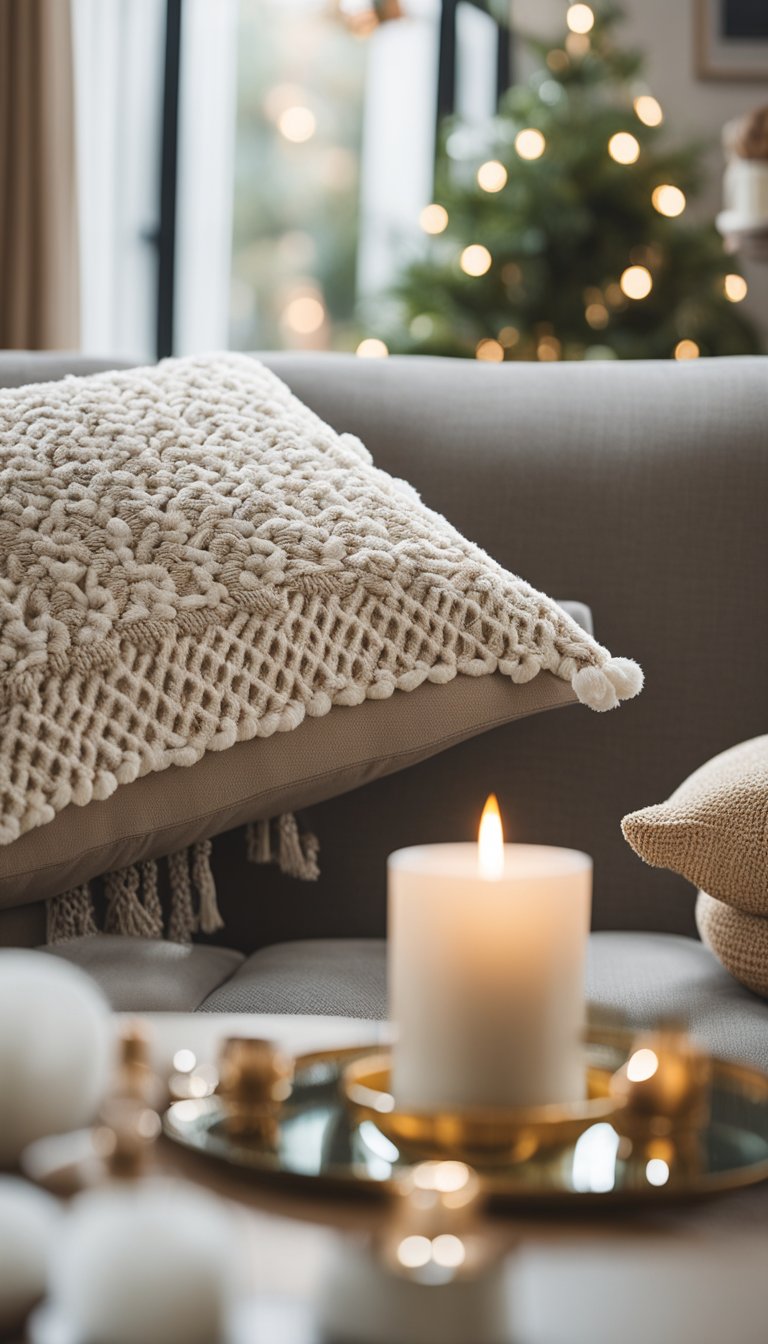 A cozy living room with a plush embroidered throw pillow on a comfortable sofa, surrounded by other heartwarming gifts for first-time grandparents