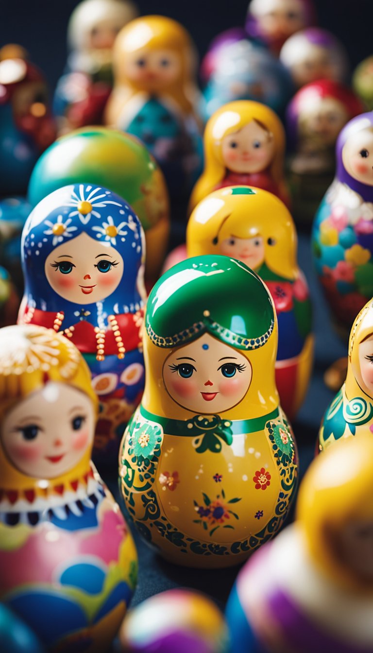 A group of colorful nesting dolls arranged in a circle, with each doll progressively smaller fitting inside the next, surrounded by party decorations and games