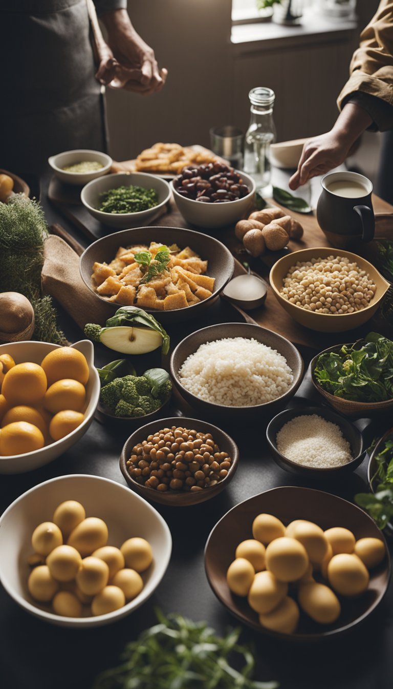 A group of kitchen items and ingredients arranged in a cozy, communal setting, with friends chatting and preparing food together